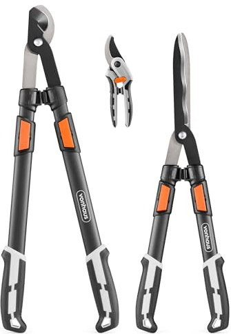 VonHaus 3-Teiliges Gartenscheren Set – Baumschere, Heckenschere, Gartenschere – Teleskopisch Verlängerbare Strauchschere mit Weichen Griffen – Leicht