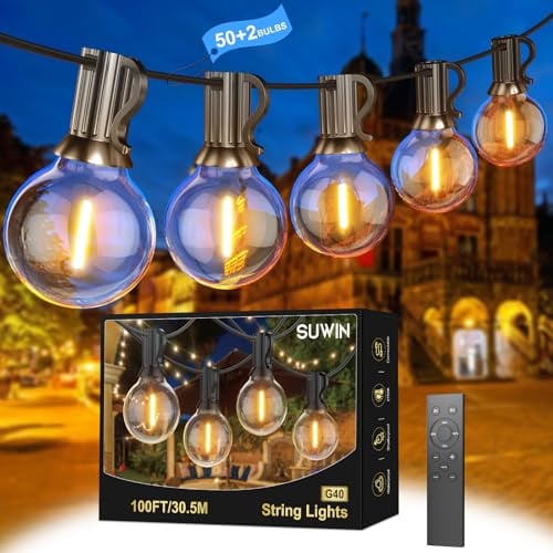 LED Lichterkette Außen 30M G40 LED mit Fernbedienung Outdoor Lichterketten | Lichterketten Glühbirnen mit 50+2 Dimmbar Birnen Wetterfest Warmweiß, Lichterkette Aussen Strom für Terrasse Balkon Garten