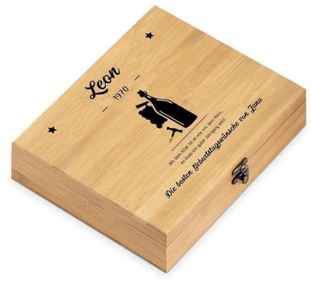 Maverton Weinöffner-Set personalisiert Weinset Sommelier Set | Personalisiert Weinset Sommelier Set, Geschenkbox Holzbox + 6er Weinzubehörset, Geschenk zum Geburtstag für Männer