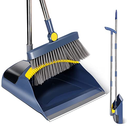 Masthome Besen mit Stiel, Besen und Kehrschaufel Set, 120cm Aufrecht Kehrschaufel mit Langem Stiel, Broom and Dustpan Set mit Kamm für Haushaltsreinigung, Bodenreinigung (Blau + Gelb)