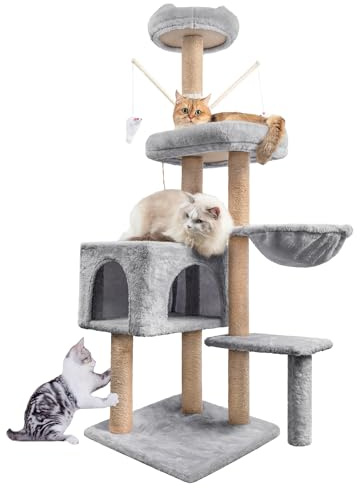 HOMIDEC Katzen Kratzbaum, 145 cm Katzenbaum Kletterturm, Kletterbaum Aktivitätskratzbäum mit Säulen vollständig mit Sisal umwickelt, Katzenspielzeug, Höhle, Plattformen, Liegemulde, Hellgrau