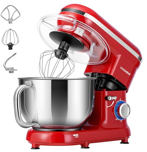 VIVOHOME 1500W Küchenmaschine 5,7L mit Edelstahlrührschüssel | 10 Stufen und Pulsfunktion, Teigmaschine mit Spritzschutz, Knethaken und Rührbesen, für Brot und Kuchenteig, Rot