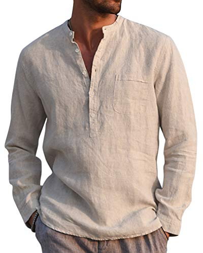 Kvruhuiy Herren Baumwolle Leinenhemd Herren Sommer Strand Hemd Freizeithemd Men's Casual Henley Shirts