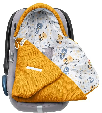 Baby Einschlagdecke Babyschale Winter Strickdecke Kinderwagendecke Fußsack Baby 100% Baumwolle mit Füllung Universal für Kinderwagen Buggys Frühling Maxi Cosi 3 Punkt Gurt Beige Grau(39) (Senfgelb)