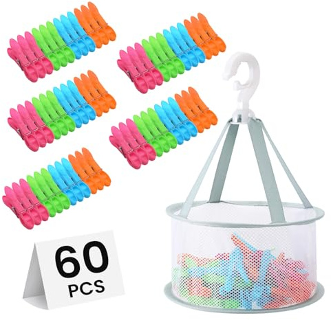60 Stück Wäscheklammern mit Korb klammerkorb zum aufhängen, Windfeste Wäscheklammern Ohne Abdruck,Atmungsaktives Mesh klammerkorb für wäscheklammer sockenklammern für Wäscheleinen,Kleidung,Camping