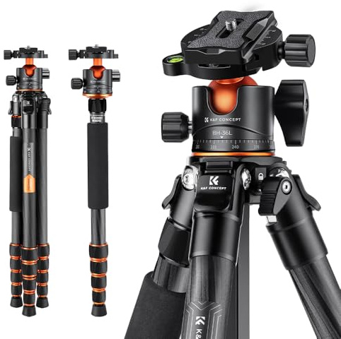 K&F CONCEPT 156cm Carbon Kamera Stativ, Kompaktes Stativ mit abnehmbarem Einbeinstativ, Tripod mit 360° Metallkugelkopf, 15KG Belastung, A255C2+BH-36L