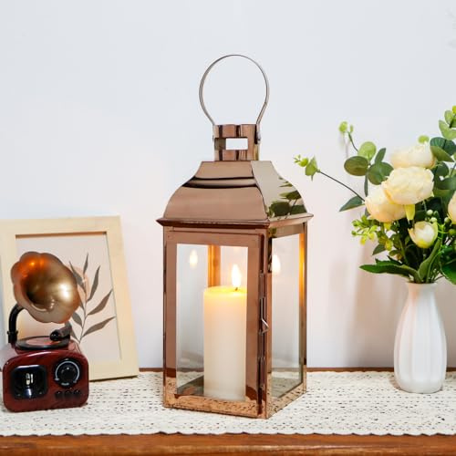 JHY DESIGN Silberne dekorative Laternen, 31 cm hoch, Edelstahl-Kerzenlaternen mit gehärtetem Glas, für Innen- und Außenbereich, Veranstaltungen, Paritäten und Hochzeiten, Hängelampen im Vintage-Stil