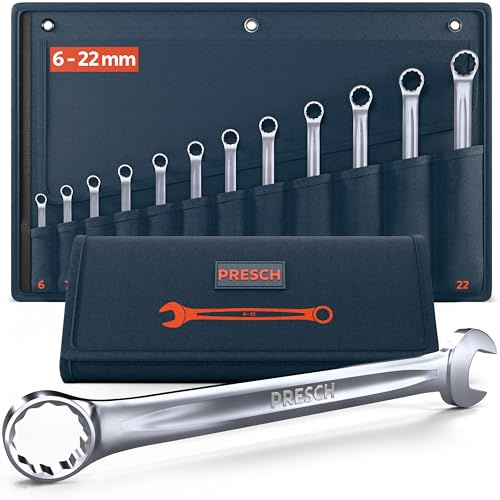 PRESCH Maulschlüssel Set 12tlg. inkl. Tasche (8-22mm) - Passgenaues Schraubenschlüssel Set - 15° abgewinkelt für Arbeiten an beengten Stellen - Robuster, präzisionsgefertigter Ring Maulschlüsselsatz