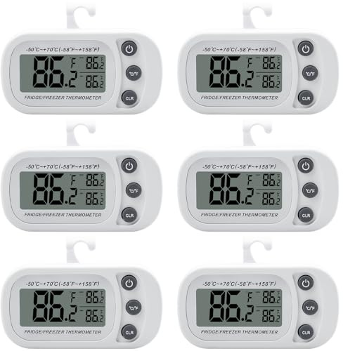 GOEDCH Kühlschrankthermometer: 6 Stück Mini Digital Gefrierschrank Thermometer mit Haken, Wasserfest Kühlschrank Thermometer mit Haken & Magnet, Küchenthermometer Innen mit LCD Display