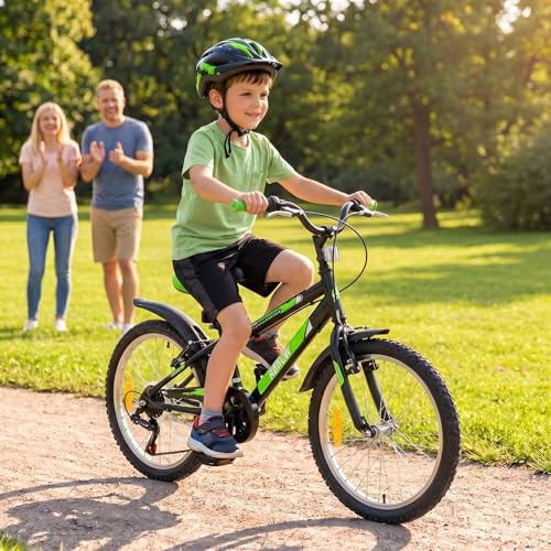 Actionbikes Motors Kinderfahrrad Arrow-20 24 Zoll-Kinder Fahrrad für Mädchen und Jungen-Von 6-12 Jahren-6 Gänge-V-Brake Bremse-Schutzblech v. h.-Fahrräder-Kinderrad (Schwarz Grün Zoll),24 inches