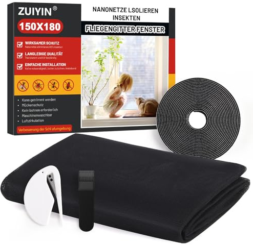 ZUIYIN Fliegengitter für Fenster 150 x 180cm Ohne Bohren Zuschneidbar Insektenschutz Fenster mit Starker Klettband Fliegennetz & Mückennetz für Fenster