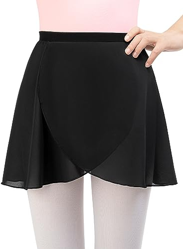 Monbessi Ballettrock Mädchen Damen - (Höhe: 120-175 cm) aus Chiffon Ballett Wickelrock Tanzrock - ReinschlüPfen (L, Schwarz)