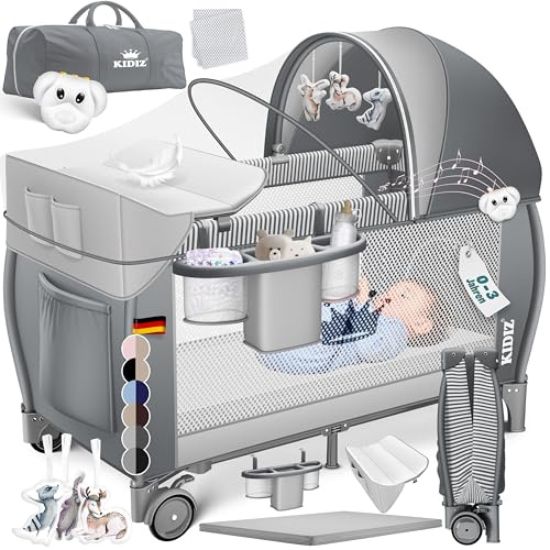 Kidiz® Babybett Reisebett Kinderreisebett klappbar mit Matratze & Räder 120x60, Seiteneingang, Wickelauflage, Moskitonetz & Tragetasche Baby Beistellbett Kinderbett ab Geburt bis 15 kg Grau
