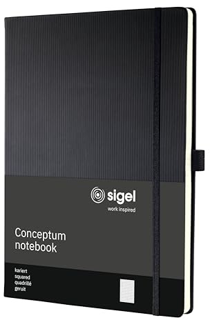 SIGEL CO111 Premium Notizbuch A4 kariert schwarz, Hardcover, 194 nummerierte Seiten, nachhaltiges Papier, mit Inhaltsverzeichnis, Stiftschlaufe, Falttasche, Gummibandverschluss, Conceptum