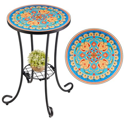 VONLUCE Mosaik Beistelltisch Runder Retro Mosaiktisch Metalltisch Kaffeetisch 35,5x54,5cm Blumenhocker Blumenständer Pflanzenständer Blumenregal mit Mosaikplatte 14" (Rot&Blau)