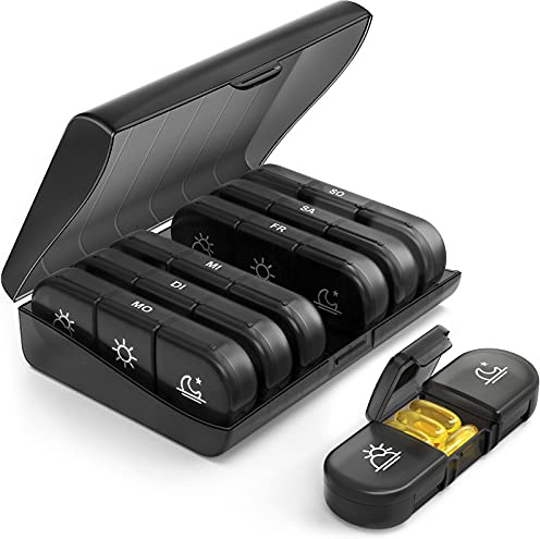 AUVON wöchentlicher Pillendose 7 Tage 3 Fächer, tragbare Tablettenbox mit großen separaten Fächern für Medikamente, Vitamine, Fischöl, Nahrungsergänzungsmittel usw. (Schwarz)