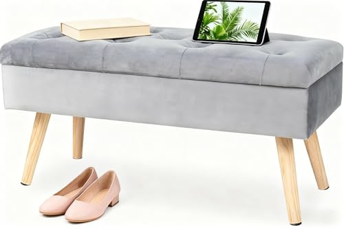 Hawthyhome Sitzbank mit Stauraum 80 × 35 × 43 cm, Sitztruhe mit Aufbewahrungsbox Truhenbank Samt Polsterbank mit Holzbeine für Flur Wohnzimmer Schlafzimmer Grau