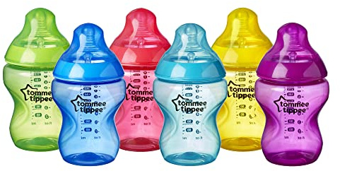 Tommee Tippee Babyfläschchen Fiesta, Ventil Anti-Kolik, Weicher Sauger, 6er Set, 0+ Monate, 260 ml, mehrfarbig