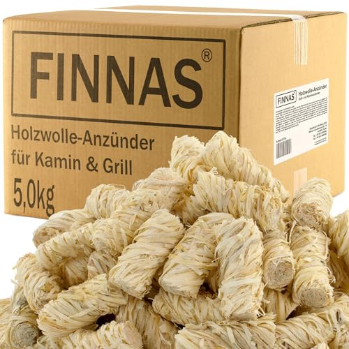 FINNAS Anzündwolle Kaminanzünder Grillanzünder Ofenanzünder Holzwolleanzünder 5kg ca 400 Stück Ökoanzünder Wachszünder Holzanzünder Feuerschale Lagerfeuer Smoker Lange Brenndauer
