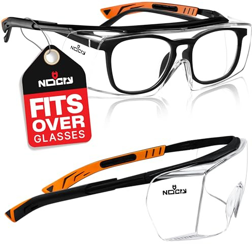 NoCry Sicherheits-Überbrille mit Kratzbeständigen Gläsern, Seitenschutz, Verstellbaren Bügeln, 400 UV-Schutz, schwarz oranger Rahmen und EN166, EN170, EN172, EN175 Zertifiziert