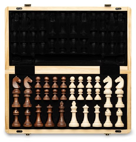 A&A Magnetisches Schach-Set aus Holz, 38,1 cm, klappbares Brett, 7,6 cm, Königshöhe Deutscher Ritter Staunton Schachfiguren/2 extra Königin/Brettspiele
