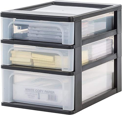 Iris Ohyama, Schreibtisch-Organizer mit 2 Flache und 1 Tiefe Schublade, Schwarz, Easy-Pull-System, A4, A5 & A6 Format, Schubladenschrank für Büro, Schreibwaren, Plastik, BPA-frei, Drawer, OCH-2021