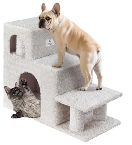 Veehoo Hundetreppe für Kleine Hunde, 3 Stufen Hundetreppe Bett Sofa mit Schlafhöhle, Stabil Katzentreppe Haustiertreppe für Alte Katzen, Belastbarkeit bis zu 45 kg, Hellgrau
