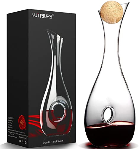 Weinkaraffe aus Kristallglas, 1.2L Weindekanter, Rotweindecanter für 375ml & Korkverschluss Wein Dekanter, Handgemacht, Tropffrei