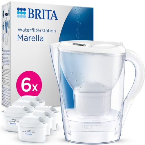 BRITA Wasserfilter-Kanne MAXTRA Marella, 6x Pure Performance Kartusche | Weiß (2,4l) kühlschrankgeeignete Kanne mit Filterwechselanzeige, Klappdeckel, reduziert PFAS, Kalk, Metalle & mehr