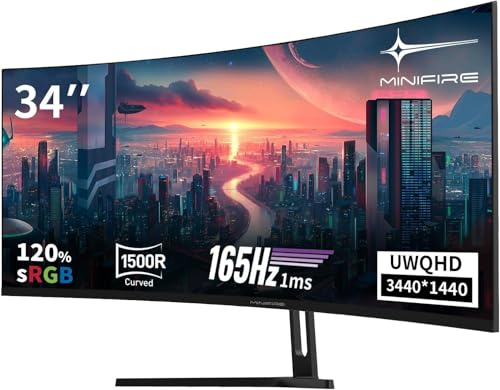 Minifire 34 Zoll UWQHD Curved Gaming Monitor 165Hz(DP),3440 x 1440, Curved 1500R,1ms(MPRT),Pip/PBP,FreeSync,HDR, 300nits, sRGB 125%, DCI-P3 95%,VA Panel,2xHDMI 2.1(TMDS) 1xDP 1.4 Ports MFG34C5Q