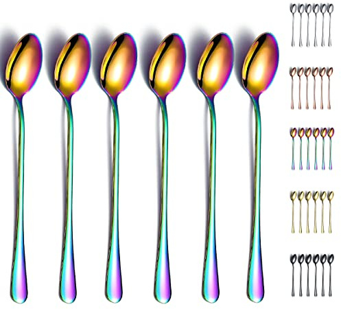 Regenbogen Eisteelöffel,Kyraton Edelstahl 7,5 Rührlöffel mit bunter Titanbeschichtung,Rührlöffel, Eislöffel, Barlöffel, Cocktaillöffel, Latte-Löffel, 6 Stück