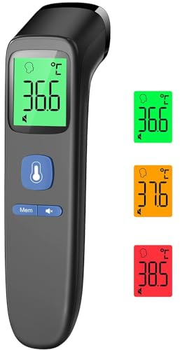 Fieberthermometer für Babys, Kinder und Erwachsene, Kontaktloses Stirnthermometer, Digitales Infrarot Thermometer mit sofortigen genauen Messwerten, Fieberalarm und 35 Speicherabruf - LCD Schwarz