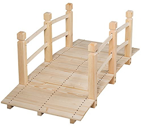 RELAX4LIFE Holzbrücke mit Geländer, Gartenbrücke Spießtannenholz, Teichbrücke bis 100 kg belastbar, Zierbrücke Stabil, Dekobrücke langlebig, 150 x 67 x 55 cm (Natur)