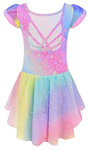Arshiner Kinder Ballettanzug 2-10 Jahre Mädchen Ballettkleid Rückenfrei Kurze Ärmel/Langarm Ballettkleidung Baumwolle Tanzbody mit Irregulär Ballettrock mit Strasssteine