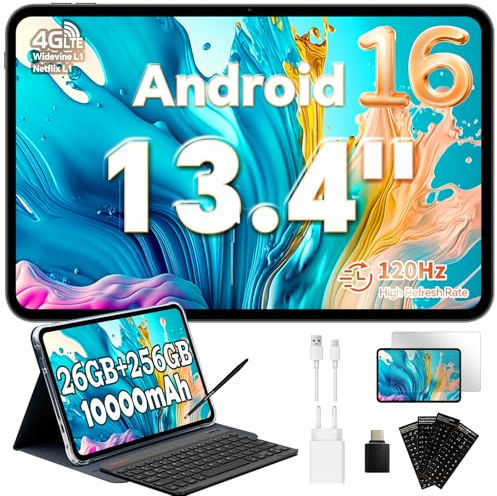 TECLAST Tablet T65Case 13.4 Zoll 120Hz Display, 10000mAh, Android 16 Tablets, 26GB RAM+256GB ROM(4TB TF), 4G LTE Dual SIM, Widevine L1/13MP/GPS, Gemini AI Tablets mit Tastatur, Hülle, Stift, OTG