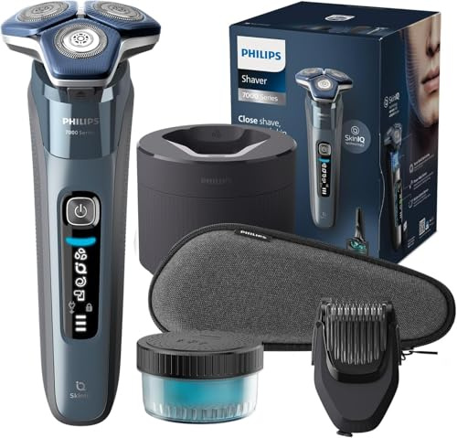 PHILIPS Shaver S7000 – Elektrischer Rasierer für Herren, Nass-& Trockenrasur, integrierter ausklappbarer Trimmer, Barttrimmer-Aufsatz, Reinigungsstation, Reiseetui & Ladestation (Modell S7882/54)