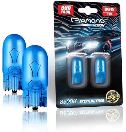 Diamond Vision 2x W5W T10 12V 5W | Xenon Look | Halogen KFZ Autolampen | 8500K Super Ultra White | extrem langlebig | 2er SET | E-Prüfzeichen | w09-44-89/XY