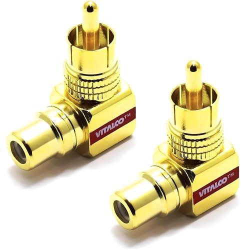 VITALCO Cinch Winkeladapter 90° 2 stück Winkelstecker Kupplung Adapter Vergoldet Chinch Winkel Stecker RCA