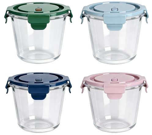 Vitrignis 750ml glasbehälter mit deckel 4er Set - Rund Meal Prep Gläser,Salatschüssel Frischhaltedosen Suppenbehälter to Go,Spülmaschinenfest, Mikrowellen & Gefrierschrankgeeignet, BPA-Freie