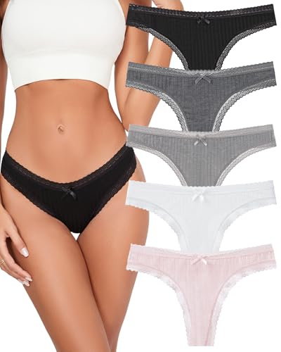 KNITLORD Bambusfaser String Tanga Damen Spitze Unterhosen Weich Atmungsaktive Unterwäsche Frauen Sexy Thong Panty Set 5er Pack