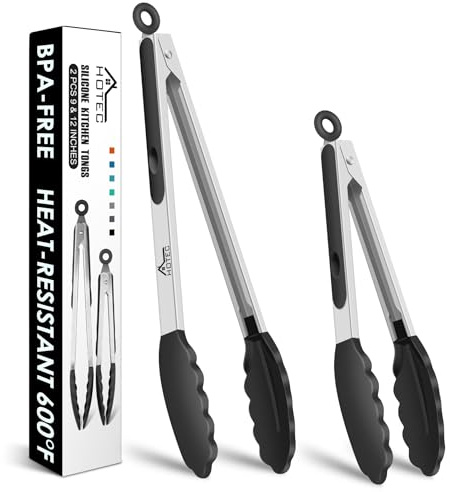 HOTEC Premium-Küchenzange aus Edelstahl, mit Verriegelung, Kochzange mit Silikonspitze, 2er-Set, 22,9 cm und 30,5 cm lange Zangen