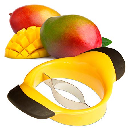 Relaxdays 2 x Mangoschneider, Mango teilen & entkernen, Rutschfester Griff, Edelstahl-Klinge, Mango Slicer, schwarz-gelb