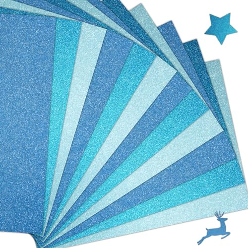 Glitzerpapier zum Basteln, 15 Blatt, Blau, 250g/m² Papier, 21x29.7cm Glitterkarton, Glitzer Papier für Kinder, Glitter Bastelpapier für DIY Grußkarten, Origami Machen,Scrapbooking