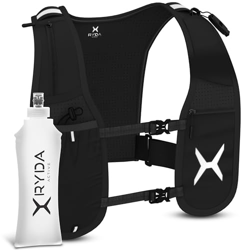 RYDA ACTIVE® Laufweste Damen & Herren | wasserdichte Handytasche | Ultraleicht 270g | 500ml Trinkflasche & Pfeife | reflektierend & universell verstellbar | ideal für Joggen, Trail & Marathon