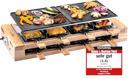 KLAMER Raclette Grill 8 Personen 1500 W mit Holzgestell & Parkdeck, Alu-Druckguss-Grillplatte antihaft, stufenlos regelbar, ILAG Beschichtung, Test Sehr gut (1,4), deutsche Marke Berlin
