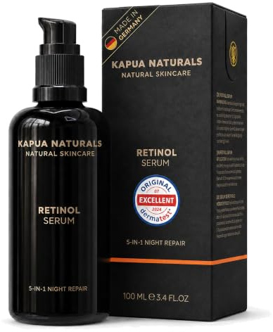 BIO Retinol Serum hochdosiert 100ml • Retinol 5-Fach-Komplex +Hyaluron +Vitamin C ✓ Vegan & BIO ✓ hochwirksam verkapseltes Retinol für strahlende & reine Haut ohne Pickel ✓ Anti Aging Made in Germany