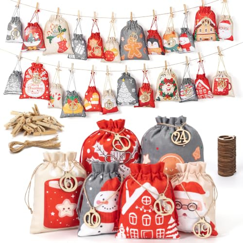 Alintor 3 Größen Adventskalender zum Befüllen (Rot, Beige, Grau) | Adventskalender zum Selber Befüllen, 24 Holzanhänger, DIY Weihnachtskalender selbst Befüllen, Adventskalender Beutel Kinder