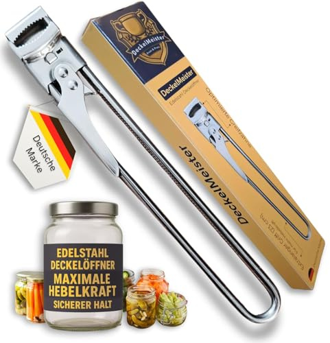 DECKELMEISTER - Edelstahl Deckelöffner, extralanger Hebel, sehr rutschfest, verstellbar, multifunktional, Glas- & Schraubdeckelöffner, verstellbare Öffnungshilfe, optimiertes Design für Senioren