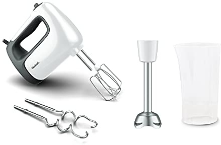 Tefal Prep'Mix + Handmixer mit Pürierstab, ideal für leichte und zähe Zubereitungen, leistungsstarker 500-W-Motor, 5 Geschwindigkeiten, Turbo-Funktion, Pürierstab-Aufsatz, weiß/grau, HT462138