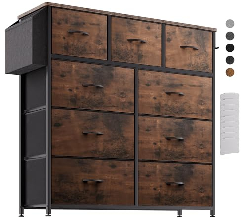 PURFINO Kommode mit Stoffschubladen - Stoffkommode aus Canvas mit 9 großen Schubladen, Etikettenkarten, Seitentasche & Haken für Wohnzimmer, Flur, Schlafzimmer